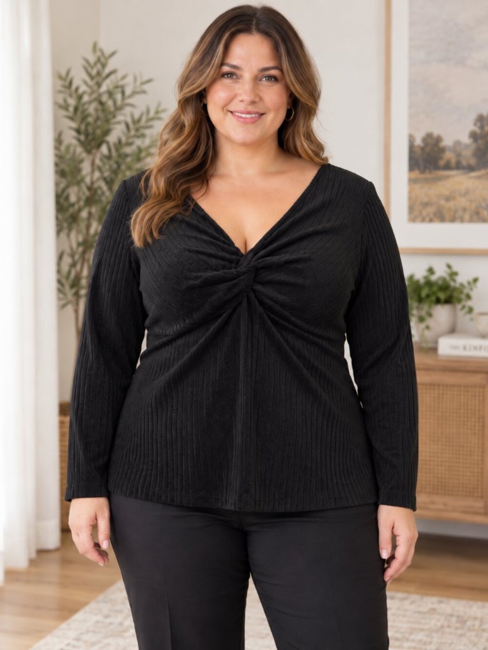 SHEIN Curve 4XL Black Ribbed Twist Front Top Fits 2XL–3XL Plus Size